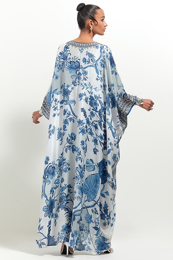 Ivory-Blue Silk Printed Kaftan by Rajdeep Ranawat at Pernia's Pop Up Shop