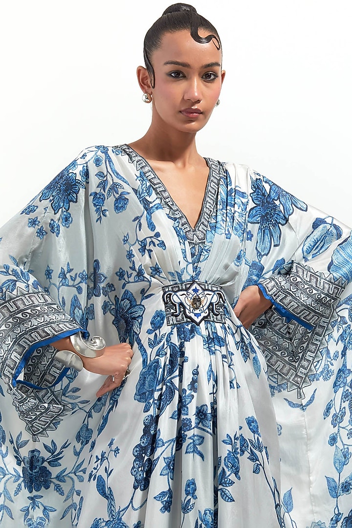 Ivory-Blue Silk Printed Kaftan by Rajdeep Ranawat at Pernia's Pop Up Shop