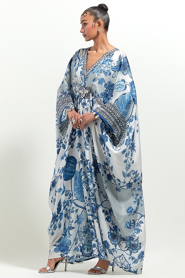 Ivory-Blue Silk Printed Kaftan by Rajdeep Ranawat at Pernia's Pop Up Shop