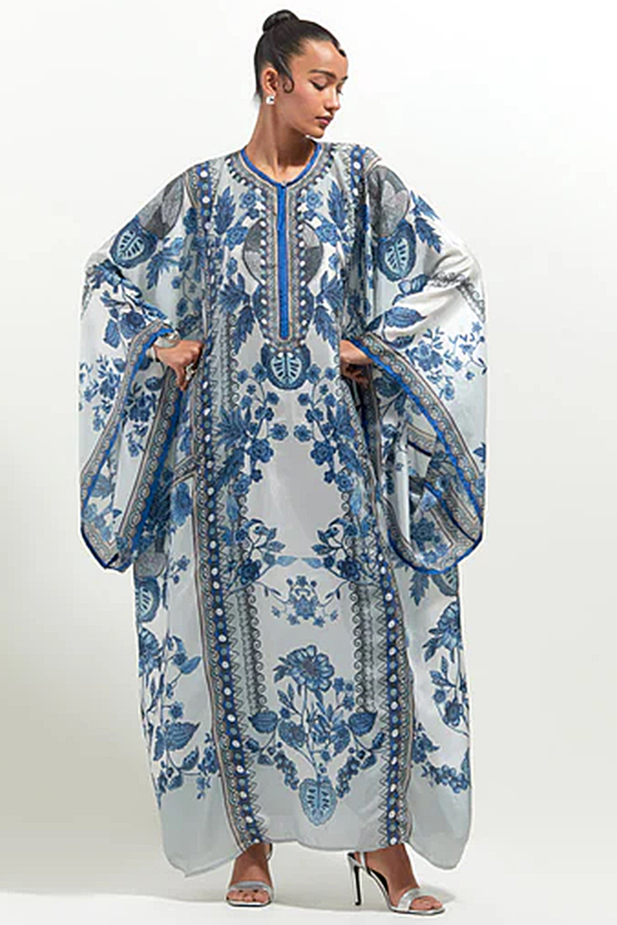 White & Blue Silk Printed Kaftan by Rajdeep Ranawat at Pernia's Pop Up Shop