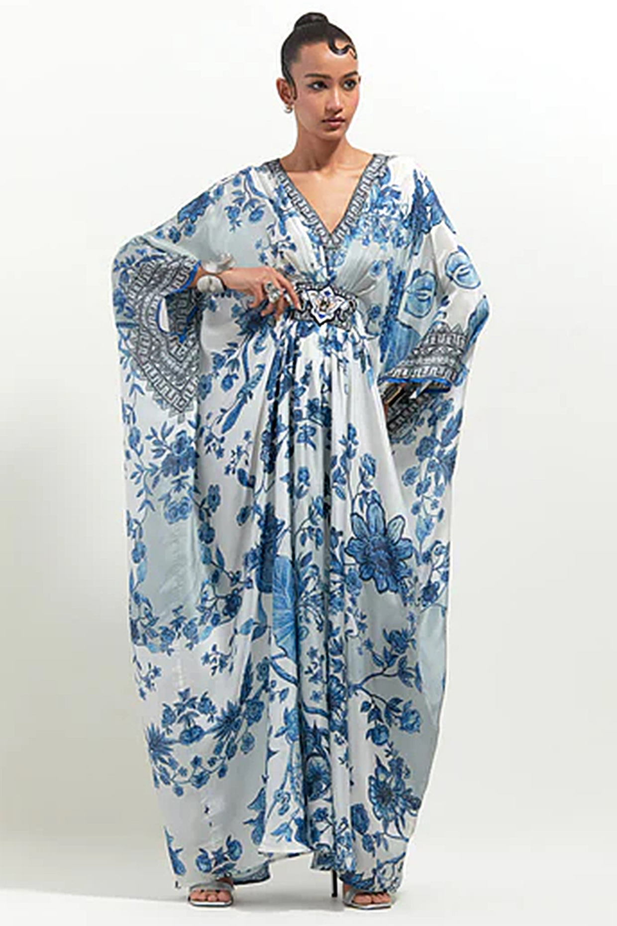 White & Blue Silk Printed & Embroidered Kaftan by Rajdeep Ranawat at Pernia's Pop Up Shop