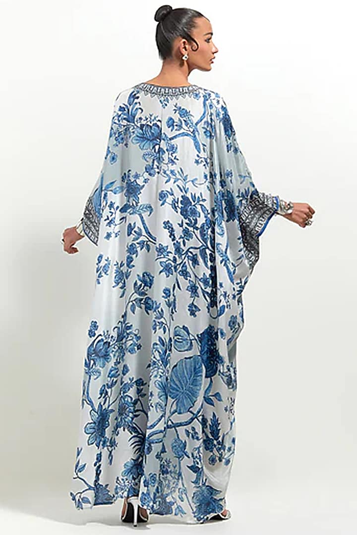 White & Blue Silk Printed & Embroidered Kaftan by Rajdeep Ranawat at Pernia's Pop Up Shop