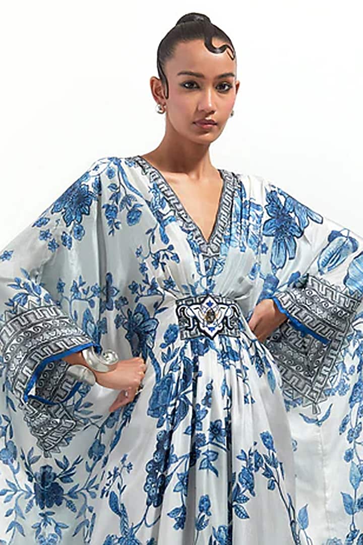White & Blue Silk Printed & Embroidered Kaftan by Rajdeep Ranawat at Pernia's Pop Up Shop