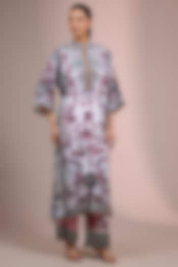 White & Raspberry Colored Silk Kaftan Set by Rajdeep Ranawat at Pernia's Pop Up Shop