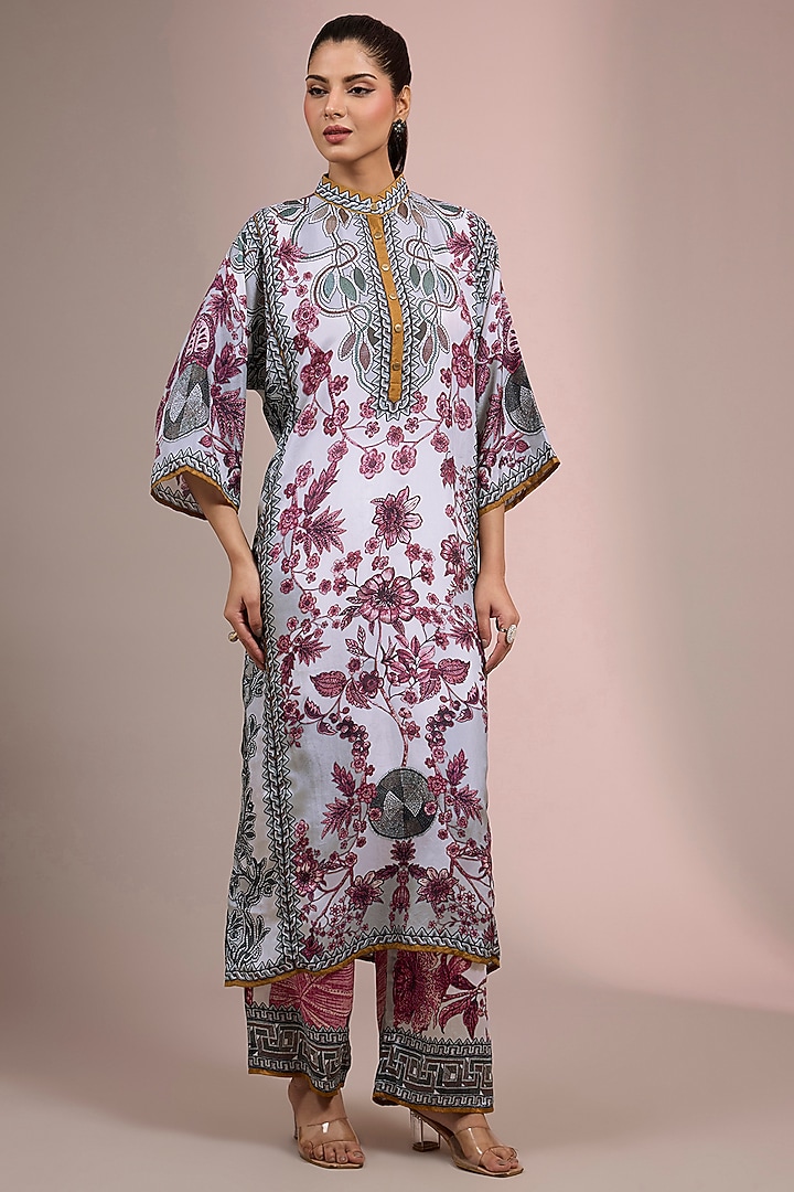 White & Raspberry Colored Silk Kaftan Set by Rajdeep Ranawat at Pernia's Pop Up Shop