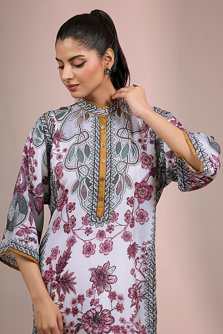 White & Raspberry Colored Silk Kaftan Set by Rajdeep Ranawat at Pernia's Pop Up Shop