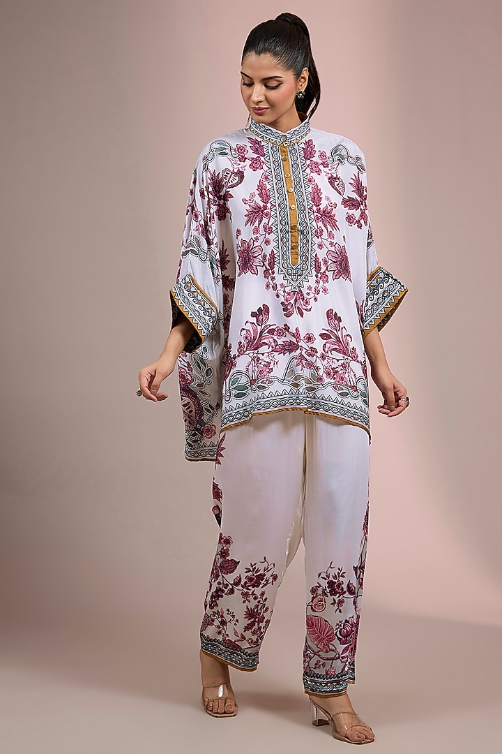 White & Raspberry Colored Silk Short Kurta Set by Rajdeep Ranawat at Pernia's Pop Up Shop