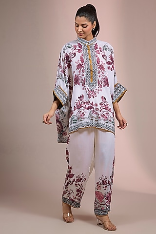 White & Raspberry Colored Silk Short Kurta Set by Rajdeep Ranawat