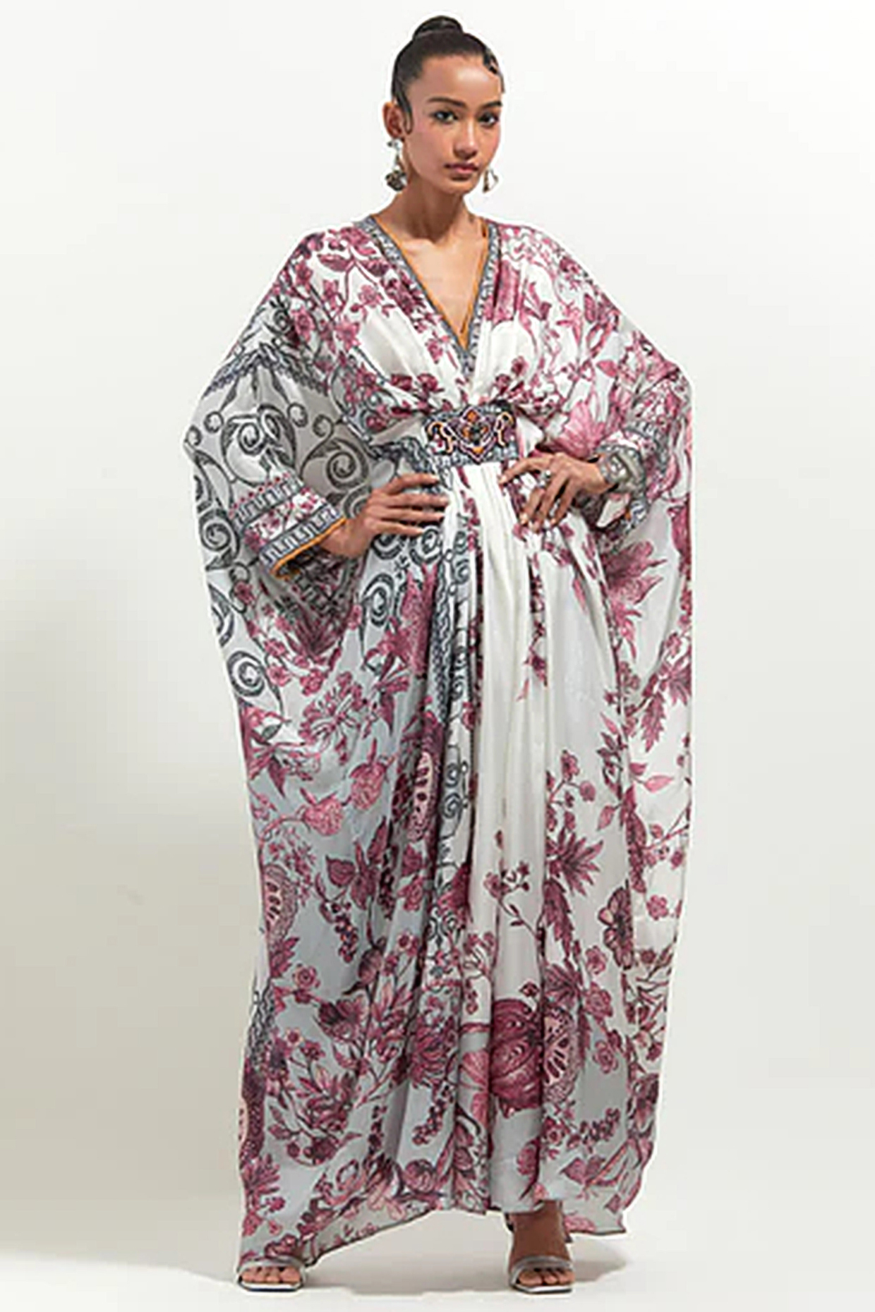 Raspberry Pink Silk Printed & Embroidered Kaftan by Rajdeep Ranawat at Pernia's Pop Up Shop