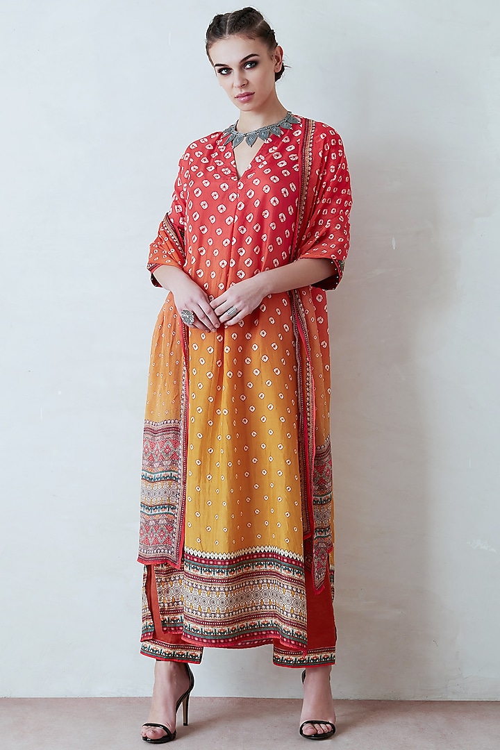 Orange & Yellow Printed Kimono Tunic Set Design by Rajdeep Ranawat at ...
