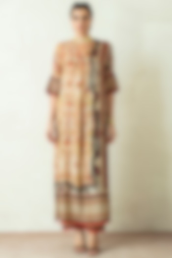 Beige Printed Kimono Tunic Set by Rajdeep Ranawat