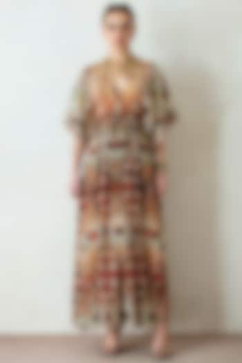 Beige & Brown Dress With Kaftan Sleeves by Rajdeep Ranawat