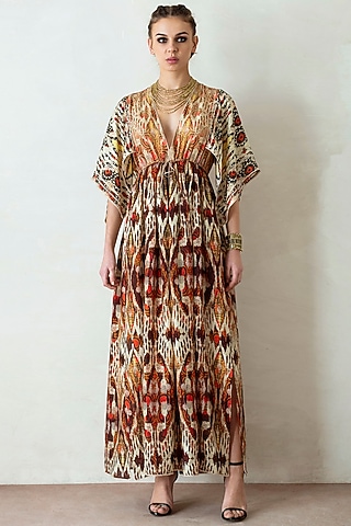Beige & Brown Dress With Kaftan Sleeves by Rajdeep Ranawat