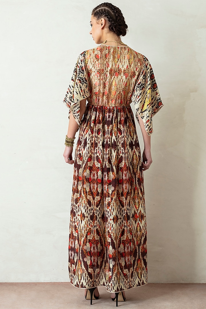 Beige & Brown Vacation Dress With Kaftan Sleeves by Rajdeep Ranawat at Pernia's Pop Up Shop