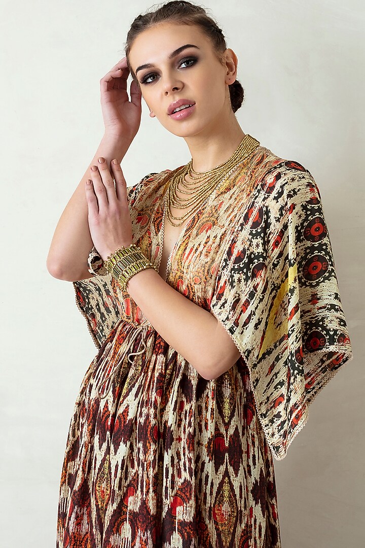 Beige & Brown Vacation Dress With Kaftan Sleeves by Rajdeep Ranawat at Pernia's Pop Up Shop