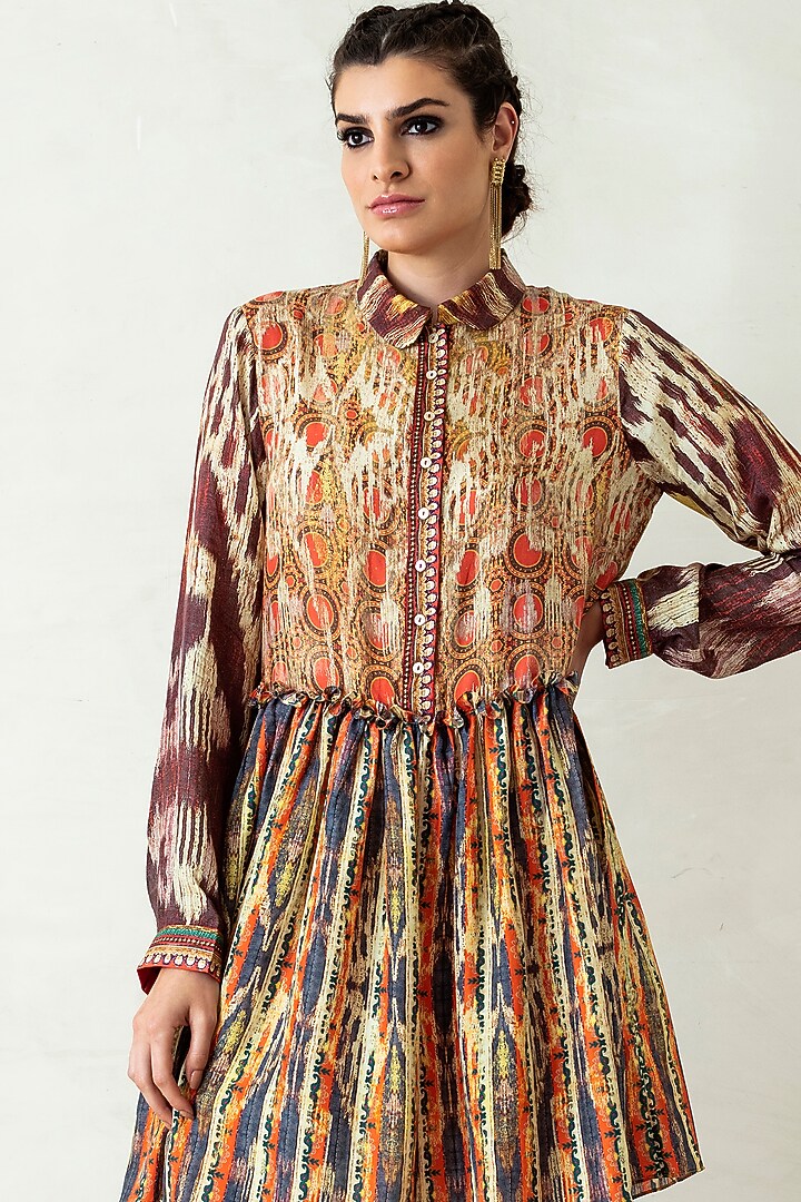 Beige & Brown Silk Frilled Mini Vacation Dress by Rajdeep Ranawat at Pernia's Pop Up Shop