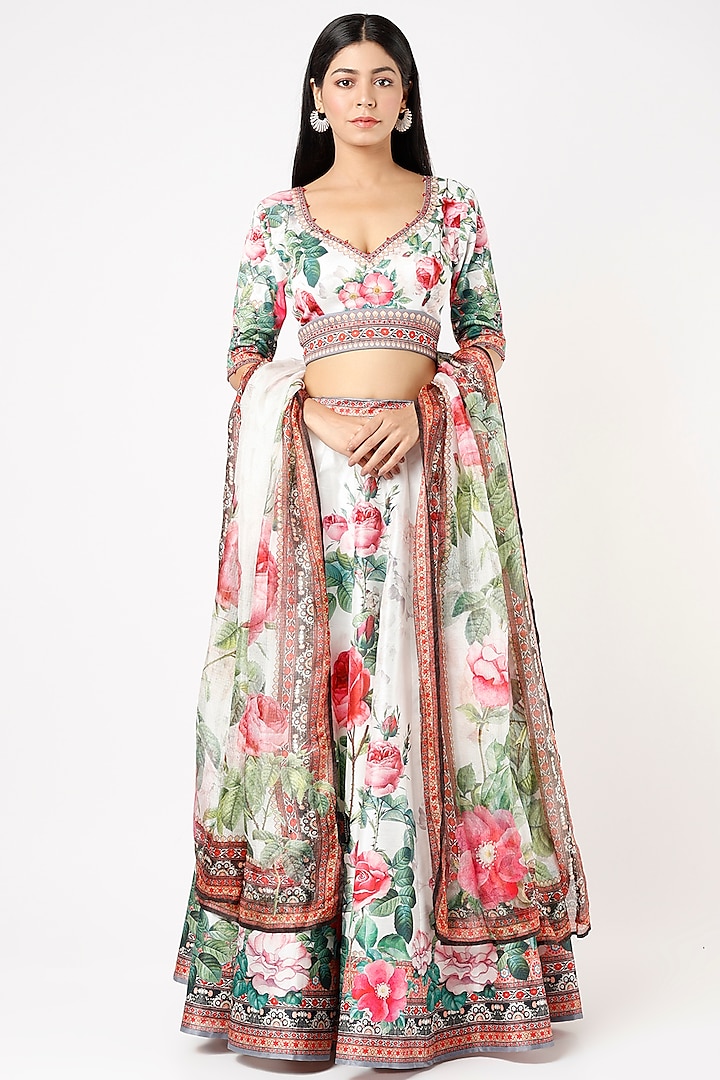 White Printed Lehenga Set by Rajdeep Ranawat