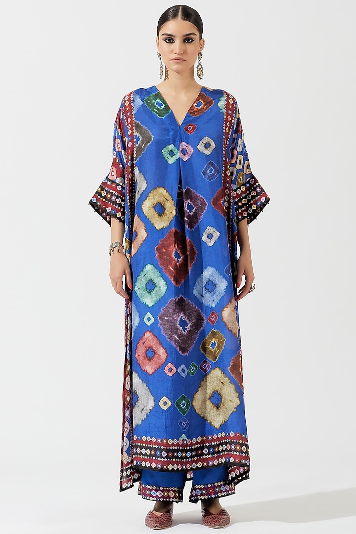 Cobalt Blue Printed Kimono Tunic by Rajdeep Ranawat