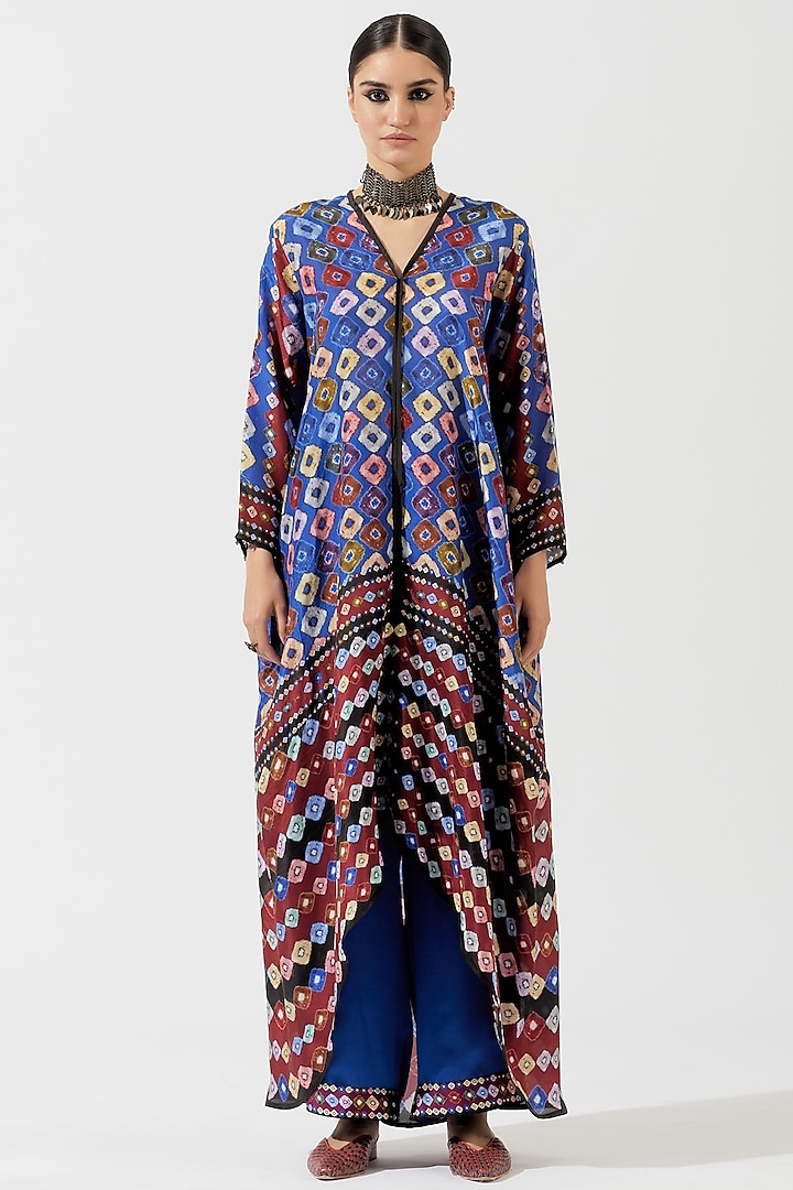 Cobalt Blue Printed Draped Dress by Rajdeep Ranawat