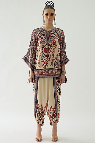 Rust Silk Printed Poncho by Rajdeep Ranawat