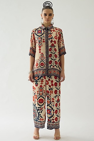 Rust Silk Printed Crop Shirt by Rajdeep Ranawat