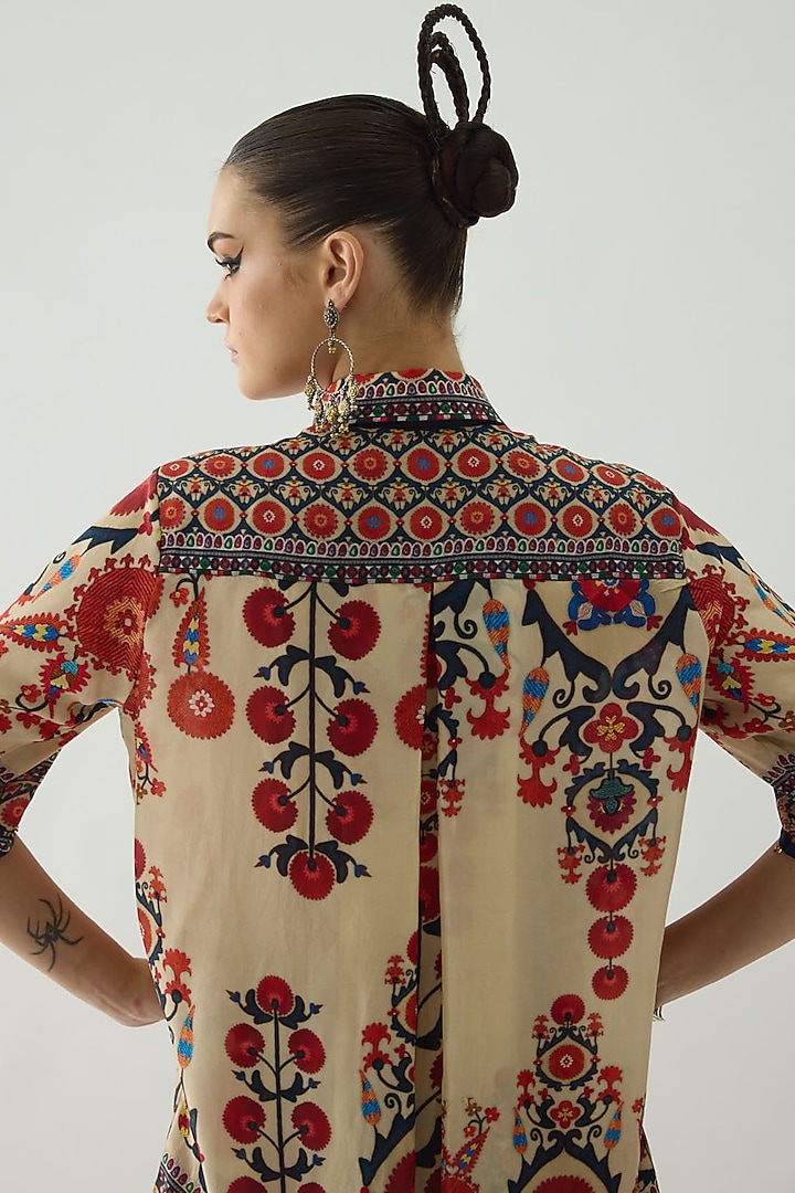 Rust Silk Printed Crop Shirt by Rajdeep Ranawat at Pernia's Pop Up Shop