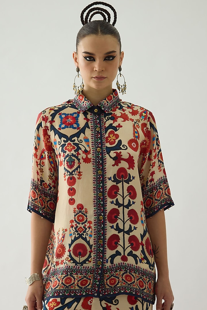 Rust Silk Printed Crop Shirt by Rajdeep Ranawat at Pernia's Pop Up Shop