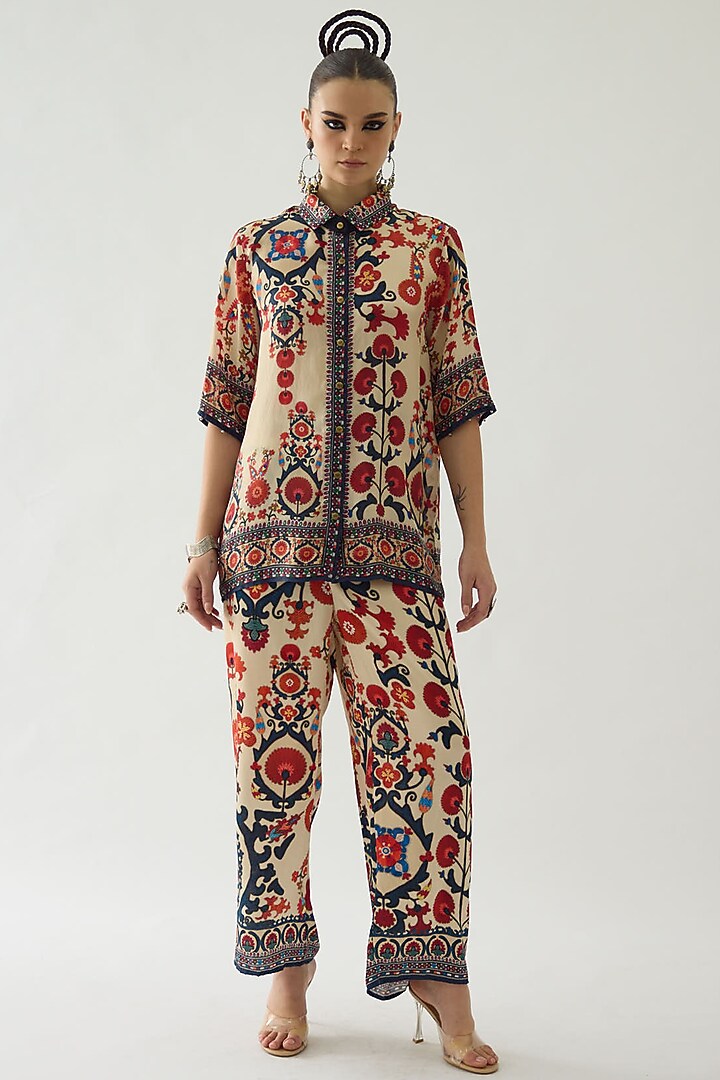 Rust Silk Printed Crop Shirt by Rajdeep Ranawat at Pernia's Pop Up Shop