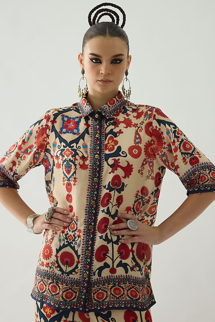 Rust Silk Printed Crop Shirt by Rajdeep Ranawat at Pernia's Pop Up Shop