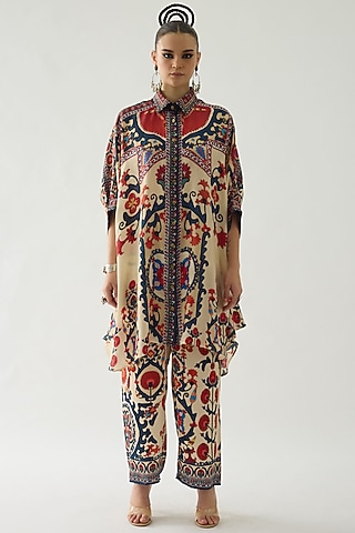 Rust Silk Printed Shirt by Rajdeep Ranawat