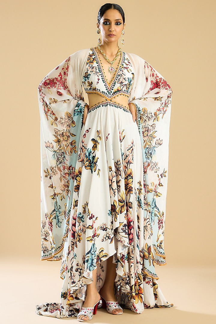 Ivory & Aqua Silk Printed Gown by Rajdeep Ranawat