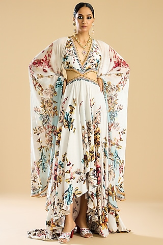 Ivory & Aqua Silk Printed Gown by Rajdeep Ranawat