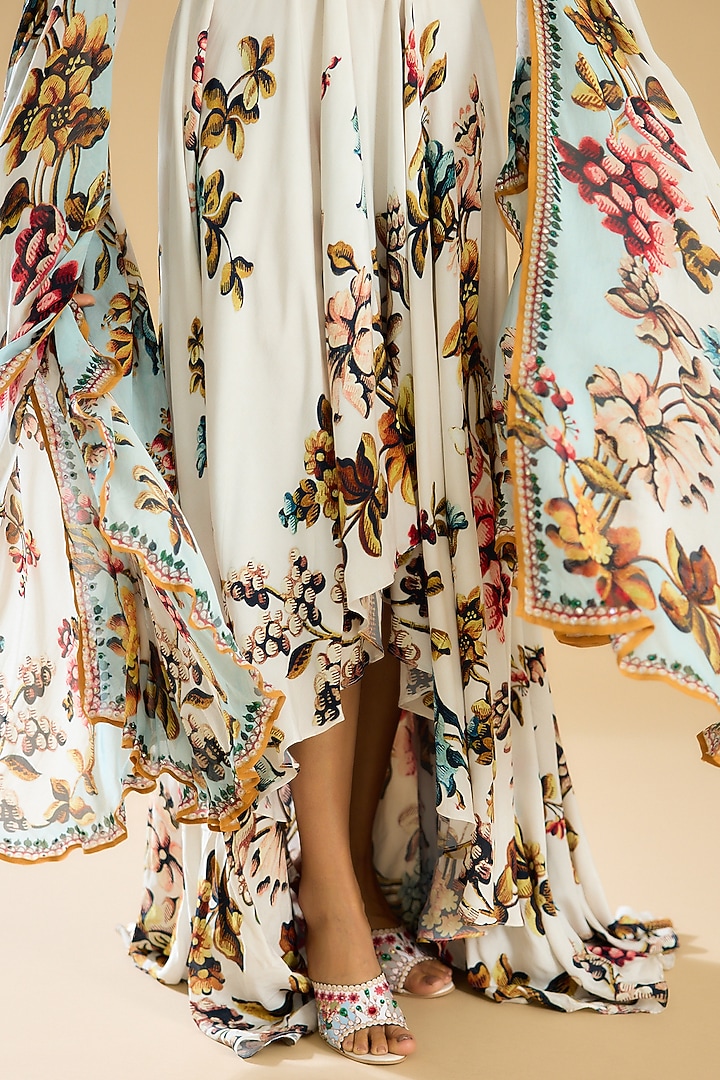 Ivory & Aqua Silk Printed Engagement Gown by Rajdeep Ranawat at Pernia's Pop Up Shop