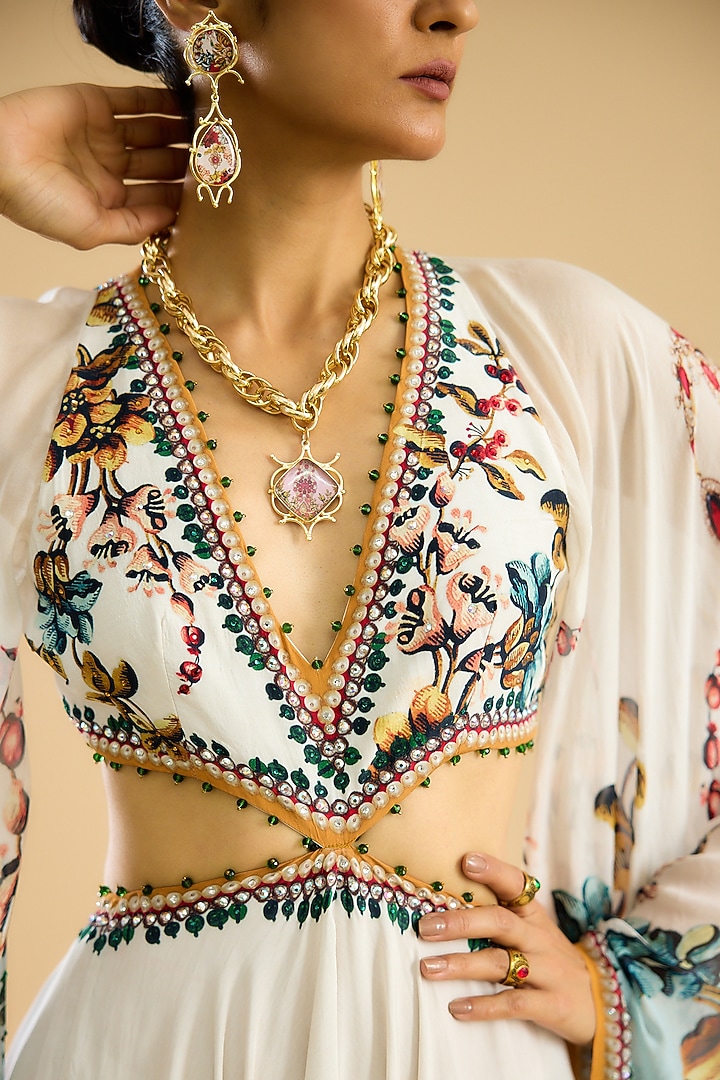 Ivory & Aqua Silk Printed Engagement Gown by Rajdeep Ranawat at Pernia's Pop Up Shop