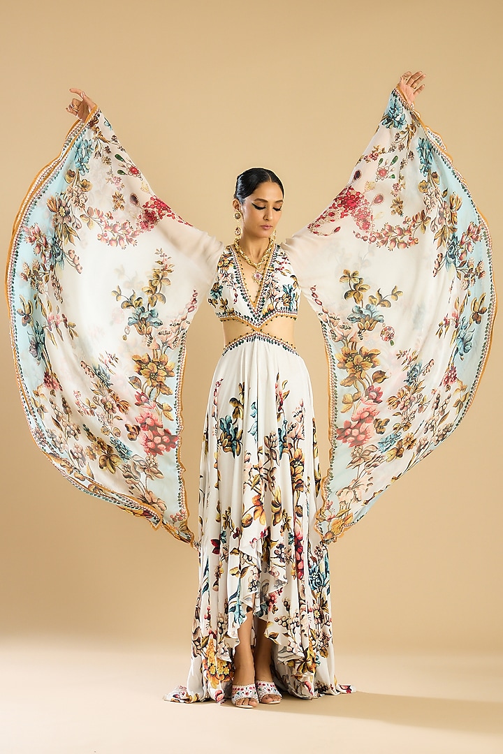Ivory & Aqua Silk Printed Engagement Gown by Rajdeep Ranawat at Pernia's Pop Up Shop