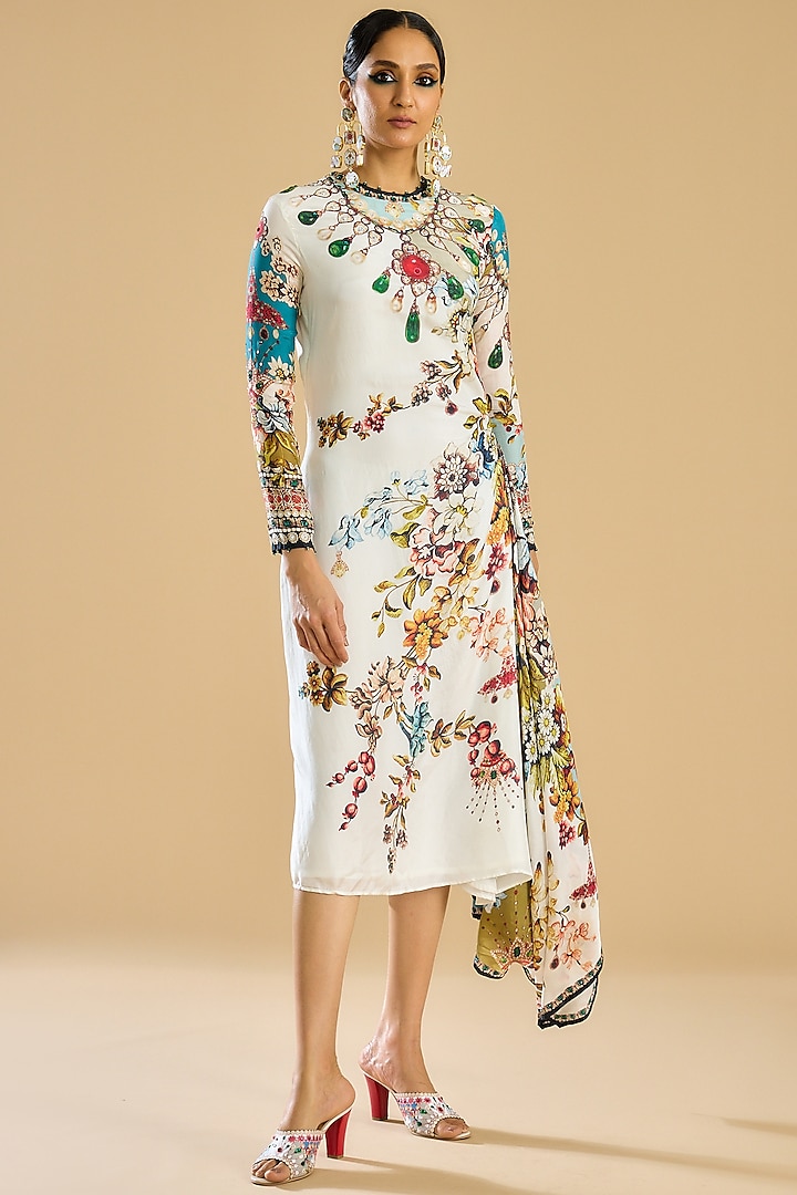 Ivory & Aqua Silk Printed Dress by Rajdeep Ranawat at Pernia's Pop Up Shop