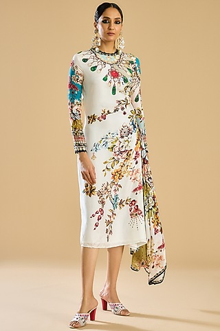 Ivory & Aqua Silk Printed Dress by Rajdeep Ranawat