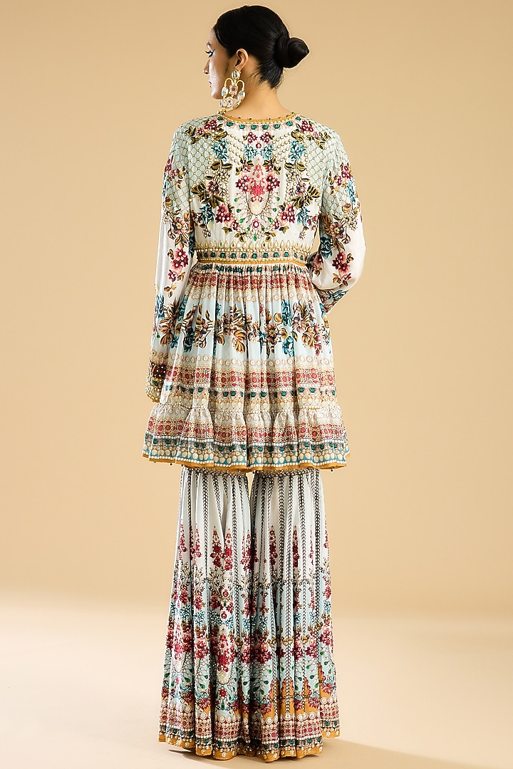 Ivory & Aqua Silk Digital Printed Wedding Sharara Set by Rajdeep Ranawat at Pernia's Pop Up Shop