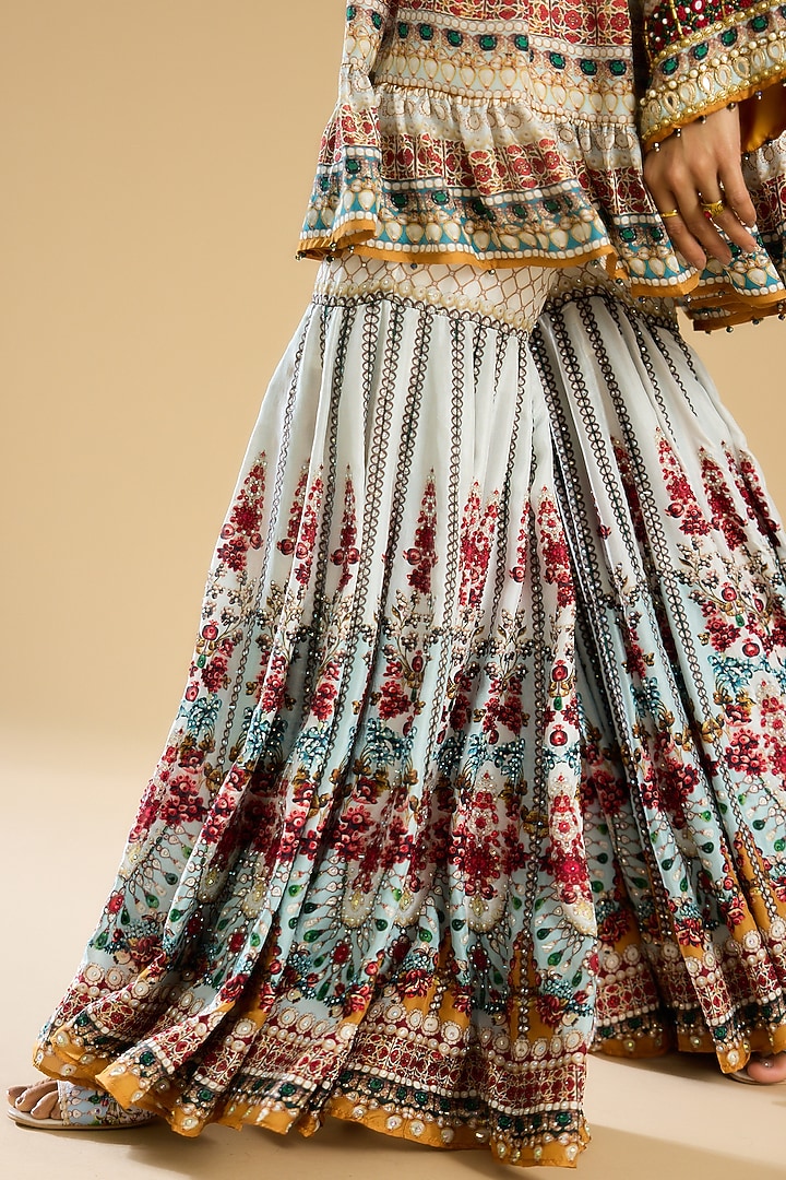 Ivory & Aqua Silk Digital Printed Wedding Sharara Set by Rajdeep Ranawat at Pernia's Pop Up Shop