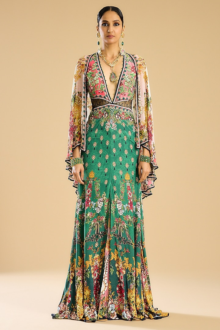 Ivory & Peach Silk Crepe Printed Flared Gown by Rajdeep Ranawat at Pernia's Pop Up Shop