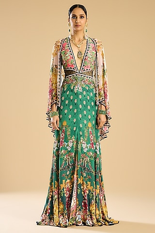 Ivory & Peach Silk Crepe Printed Flared Gown by Rajdeep Ranawat