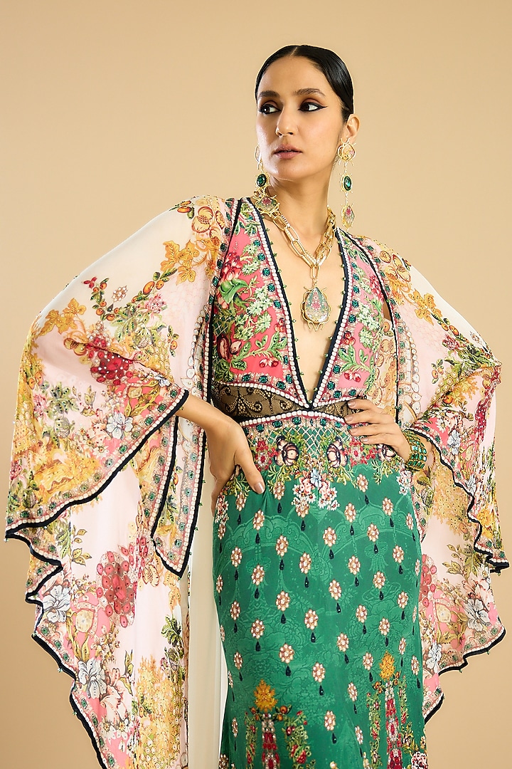 Ivory & Peach Silk Crepe Printed Flared Engagement Gown by Rajdeep Ranawat at Pernia's Pop Up Shop