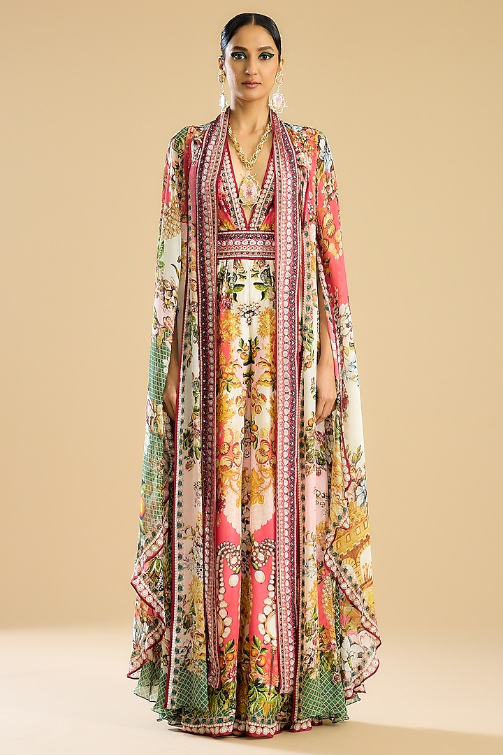 Ivory & Peach Silk Printed Jumpsuit by Rajdeep Ranawat