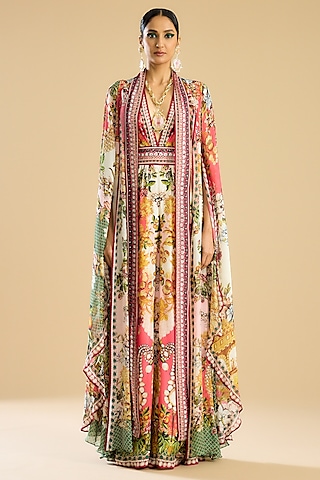 Ivory & Peach Silk Printed Jumpsuit by Rajdeep Ranawat
