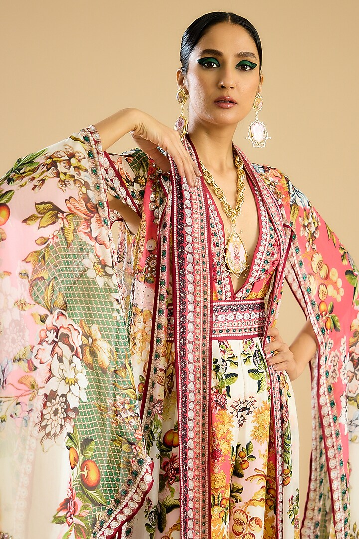 Ivory & Peach Silk Printed Jumpsuit by Rajdeep Ranawat at Pernia's Pop Up Shop