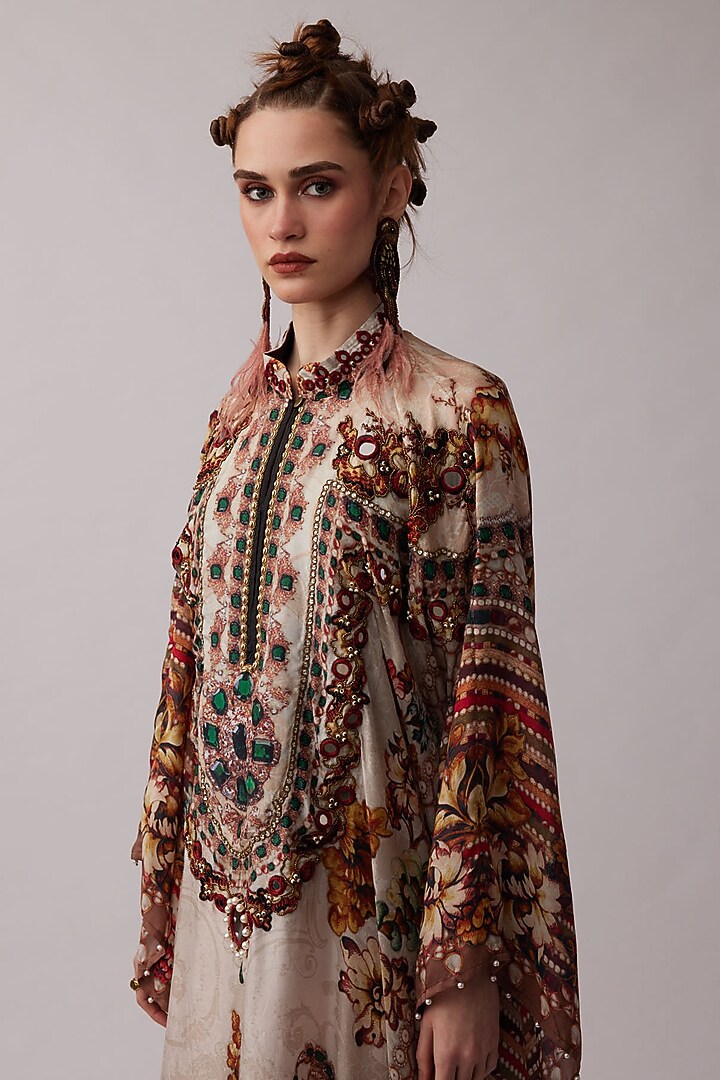 Beige Silk Boxy Kaftan by Rajdeep Ranawat at Pernia's Pop Up Shop