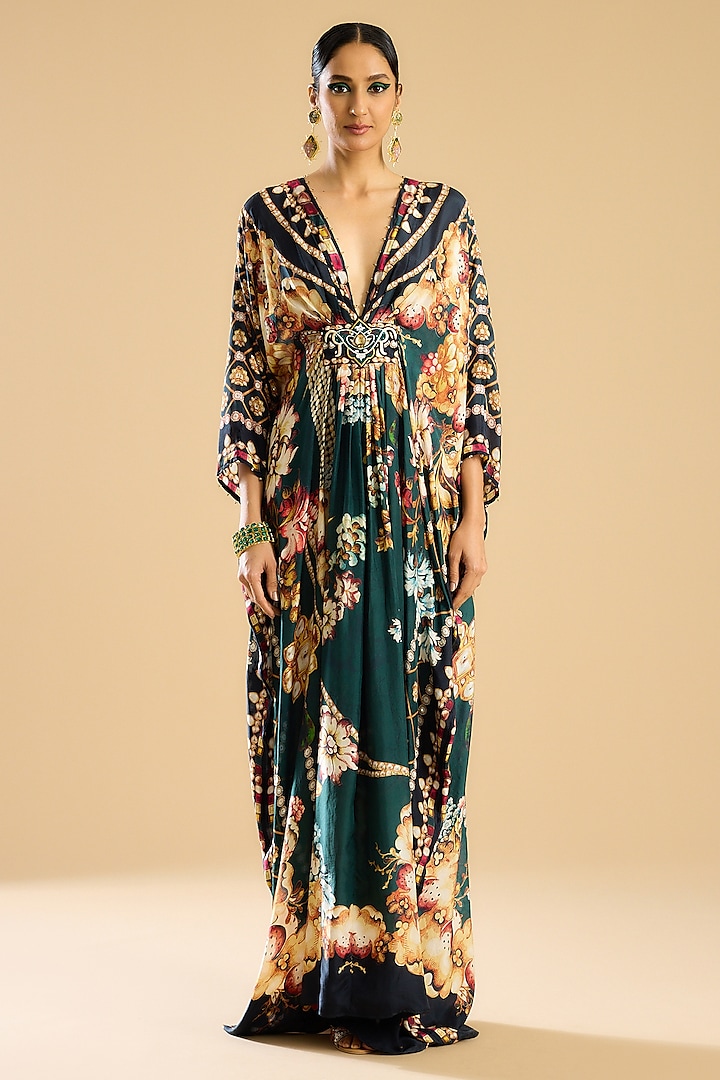 Emerald Silk Printed Kaftan by Rajdeep Ranawat at Pernia's Pop Up Shop