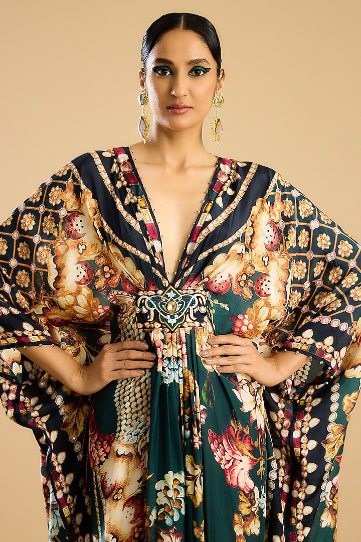 Emerald Silk Printed Kaftan by Rajdeep Ranawat at Pernia's Pop Up Shop