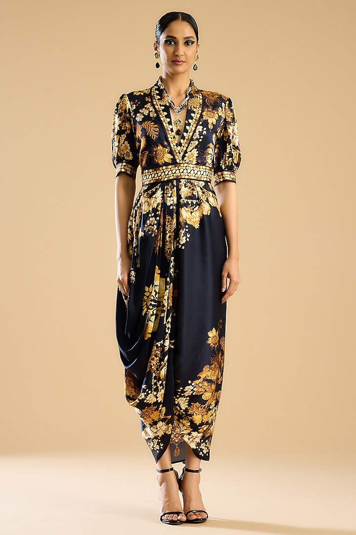 Black & Gold Modal Satin Draped Dress by Rajdeep Ranawat at Pernia's Pop Up Shop