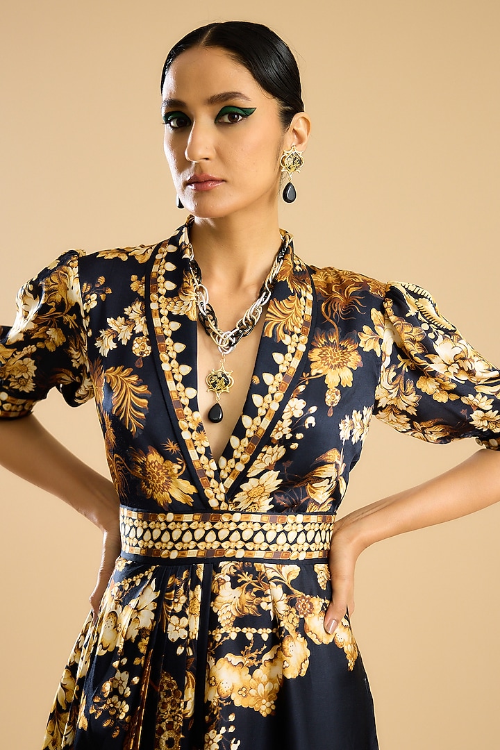 Black & Gold Modal Satin Draped Cocktail Dress by Rajdeep Ranawat at Pernia's Pop Up Shop